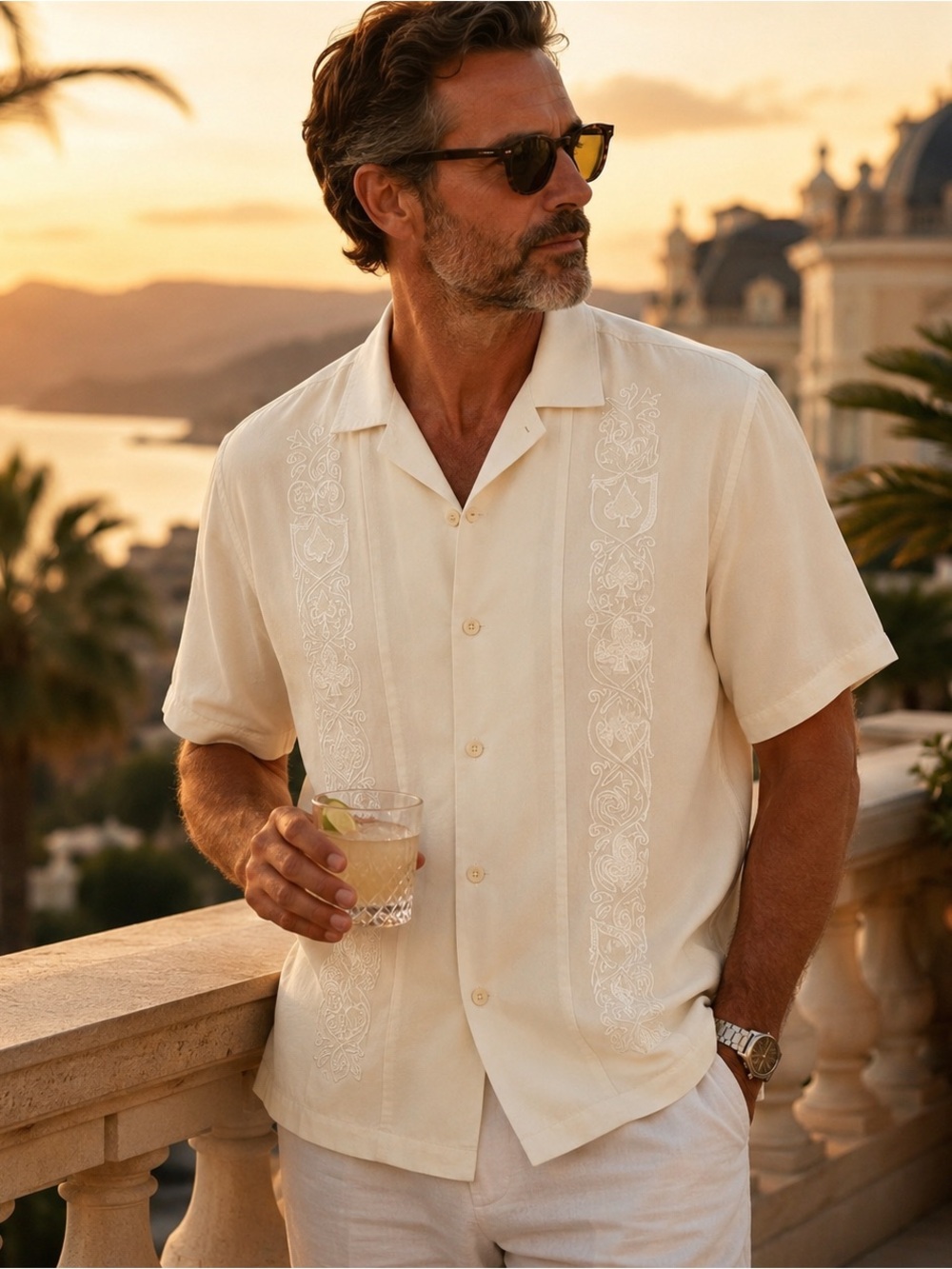 Nat Nast Luxury Originals Mens M Cream 100% Silk Embroidered Camp Shirt Cuban